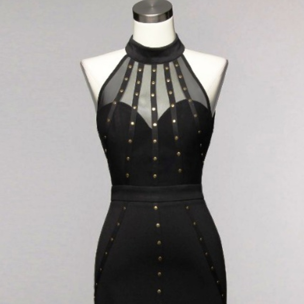Black studded mock neck bodycon w\mesh dress